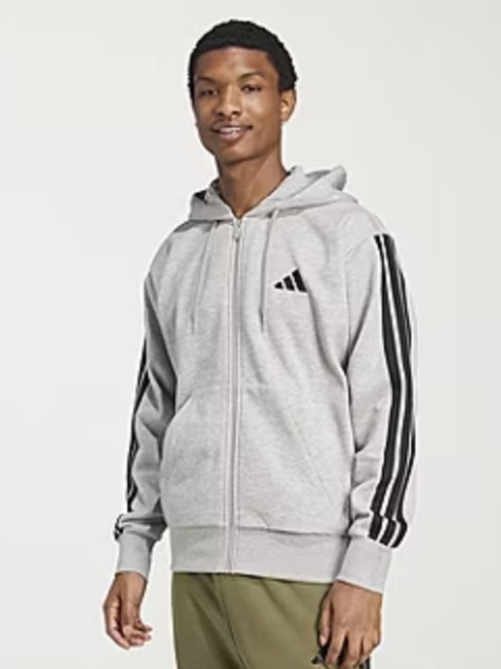adidas Men's Light Gray Full-Zip Hoodie with Black Sleeve Stripes